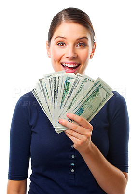 Buy stock photo Studio shot of a beautiful young woman holding a big amount of money