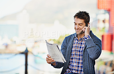 Buy stock photo Cellphone, newspaper and man in outdoor for hiring, interview or phone call. Newsletter, happy and male person with smartphone for recruitment, conversation and discussion for employment opportunity 