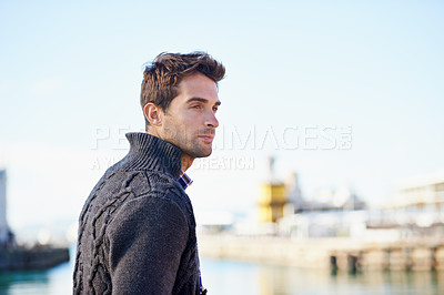 Buy stock photo Harbor, thinking and man on travel for vacation, adventure or holiday with memory or reflection. Ideas, outdoor and male person by sea port on weekend trip in Cape Town with planning face expression.
