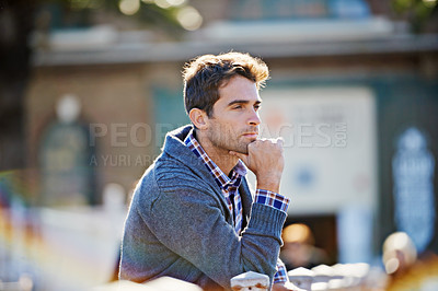 Buy stock photo Thinking, question and man outdoor in city for inspiration, remember and daydreaming. Morning, thoughts and male person in winter clothing for trendy style, perspective and relax in urban town