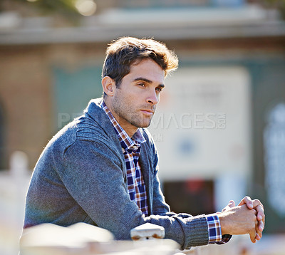 Buy stock photo Thinking, question and serious man for inspiration, remember and daydreaming in city. Morning, thoughts and male person in winter clothing for trendy style, perspective and relax in urban town