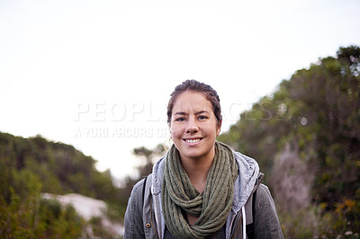 Buy stock photo Outdoor, hiking and portrait of girl with smile for nature, hill and joy for journey in foliage or bush. Adult, female person and woman with happiness for travel for winter holiday in Cape Town