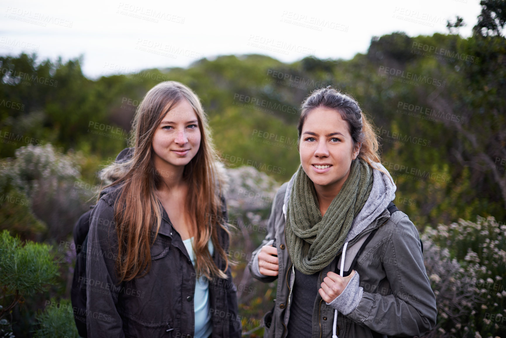 Buy stock photo Portrait, women and walking or hiking in nature for adventure, workout or exercise as fitness routine in forest. People, green plants and trees in Denmark for journey in woods or bush in countryside