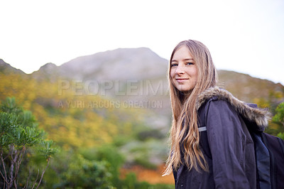 Buy stock photo Hiking, nature and portrait of girl with backpack in foliage with smile for journey in bush and outdoor. Adult, female person and woman with happiness for travel for winter holiday in Cape Town