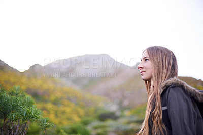 Buy stock photo Woman, hiking and mountain for environment explore or outdoor working, training or exercise. Female person, adventure and trekking holiday in Australia for workout travel on hill, journey or vacation