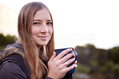 Buy stock photo Hiking, portrait and woman drinking coffee in nature on vacation, adventure or travel in the morning with mockup space in Switzerland. Face, tea cup and person trekking outdoor on holiday in winter
