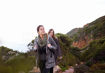 Buy stock photo Women, friends and hiking mountain in nature or outdoor adventure holiday, view or trekking. Female people, weekend and explore in Australia wilderness as healthy workout or wellness, travel or walk