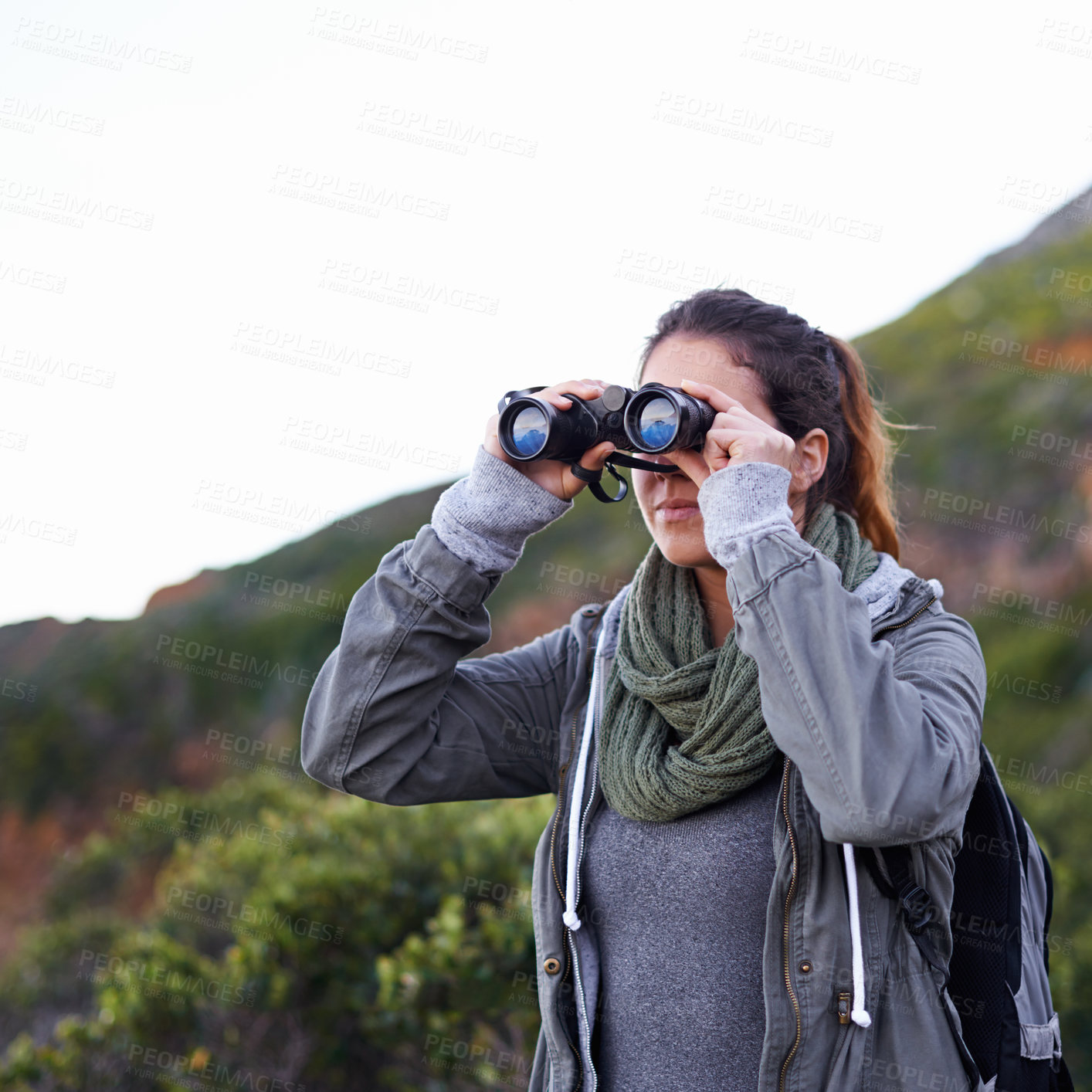 Buy stock photo Woman, hiking and outdoor in nature with binoculars for vision for fitness, location and memory on adventure. Girl, person and trekking in bush, mountains and scenic view on vacation in Cape Town