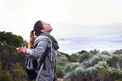 Buy stock photo Woman, hiking and view celebration on mountain for nature adventure for backpacking journey, travel or vacation. Female person, bush and freedom for training trekking or exercise, wellness or fitness