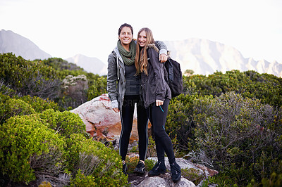 Buy stock photo Woman, friends and portrait for mountain trekking or nature adventure for wellness journey, hiking or training. Female people, face and fitness healthy for explore in South Africa, workout or travel