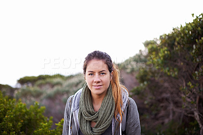 Buy stock photo Portrait, hiking and woman outdoor for travel, vacation or adventure in Australia. Face, trekking and young person in nature for holiday, journey and explore environment on mockup space in winter