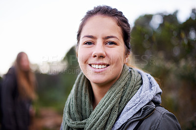 Buy stock photo Bush, portrait and woman with smile for hiking with friend, vacation and adventure for journey. Adult, girl and female person in holiday for winter in nature of Cape Town with happiness for travel