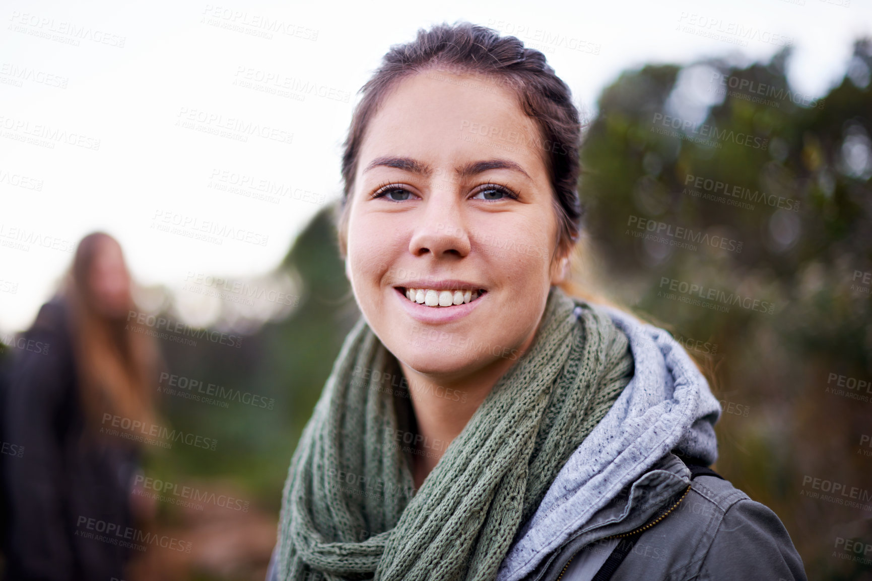 Buy stock photo Bush, portrait and woman with smile for hiking with friend, vacation and adventure for journey. Adult, girl and female person in holiday for winter in nature of Cape Town with happiness for travel