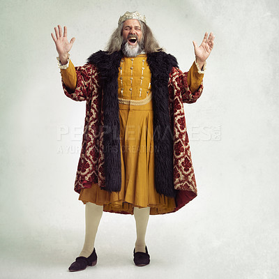 Buy stock photo Ancient king man, screaming and studio with laugh, funny and renaissance fashion by backdrop. Medieval royal leader, clothes and laughing with crown, happiness and robe for power, success and luxury