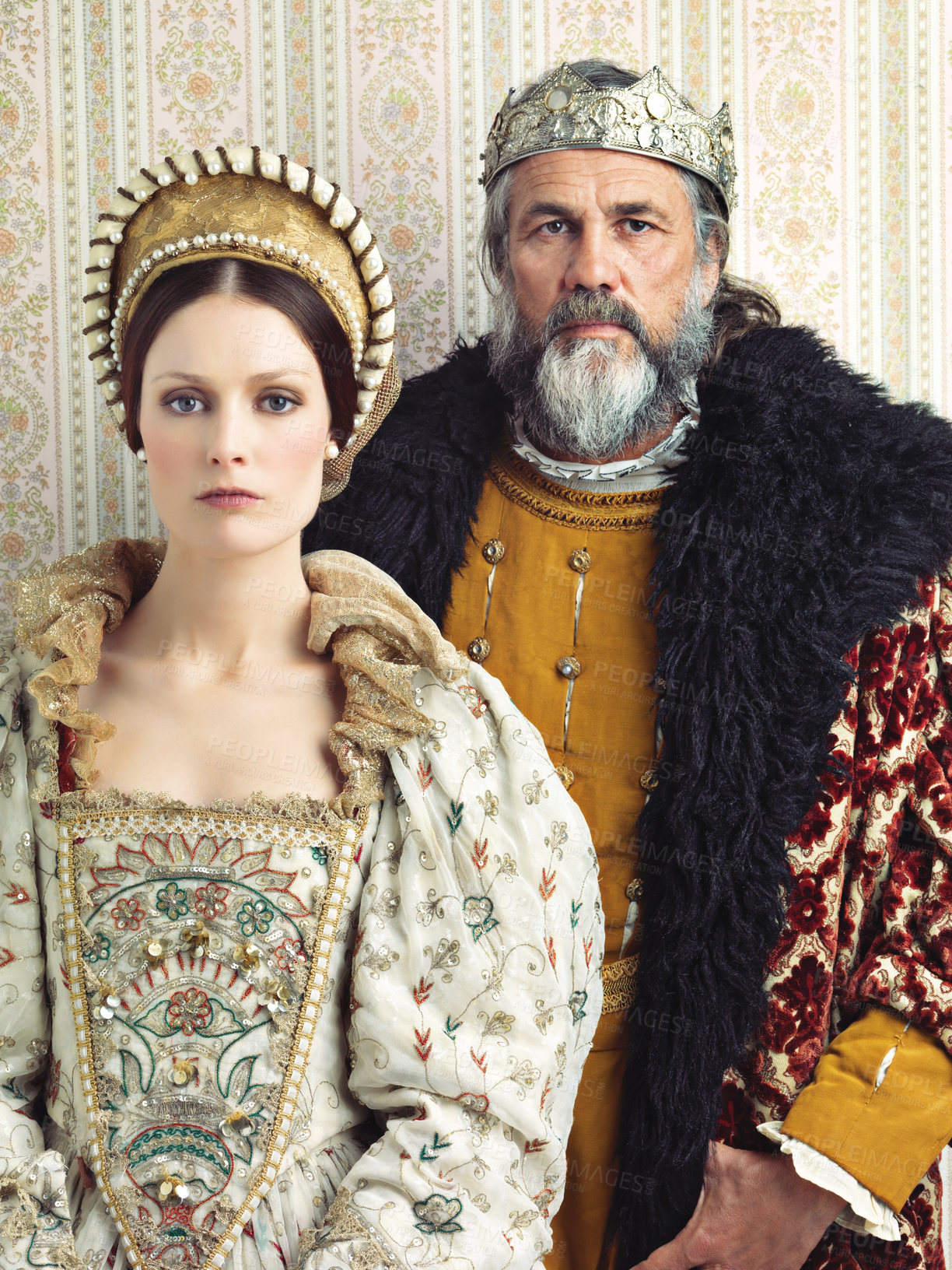 Buy stock photo Medieval portrait of king and queen, isolated on studio background for history, renaissance design or vintage fashion. Headshot, face of royal couple with power, wealth and leader in English culture