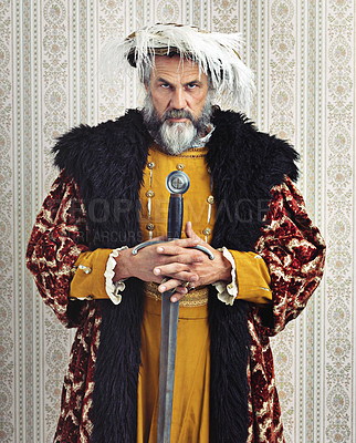 Buy stock photo Medieval cosplay, sword and portrait of king with background for historical war, battle and power. Victorian leader, royalty and senior man with weapon in vintage, renaissance and history costume
