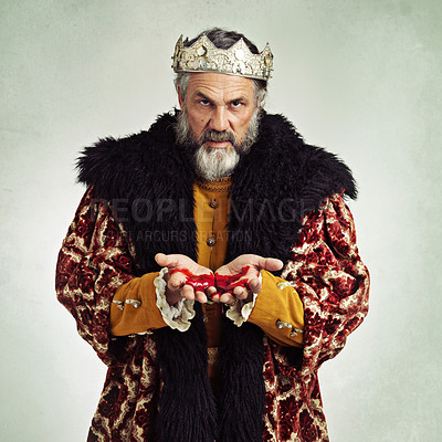 Buy stock photo Evil king, portrait and blood on hands of renaissance royal man with anger, crown and art after death in studio. Face of a medieval monarchy senior man with authority, power and horror for cosplay