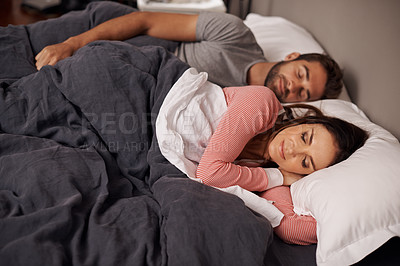 Buy stock photo Couple, sleeping and tired in bed, home and rest with dream, peace and quiet on holiday together. Man, woman and lying with blanket in bedroom for vacation with pajamas at apartment in Argentina