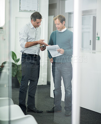 Buy stock photo Team, corporate and business men with document in office for conversation, planning and communication. Discussion, paperwork and employees for collaboration, strategy or report for company project