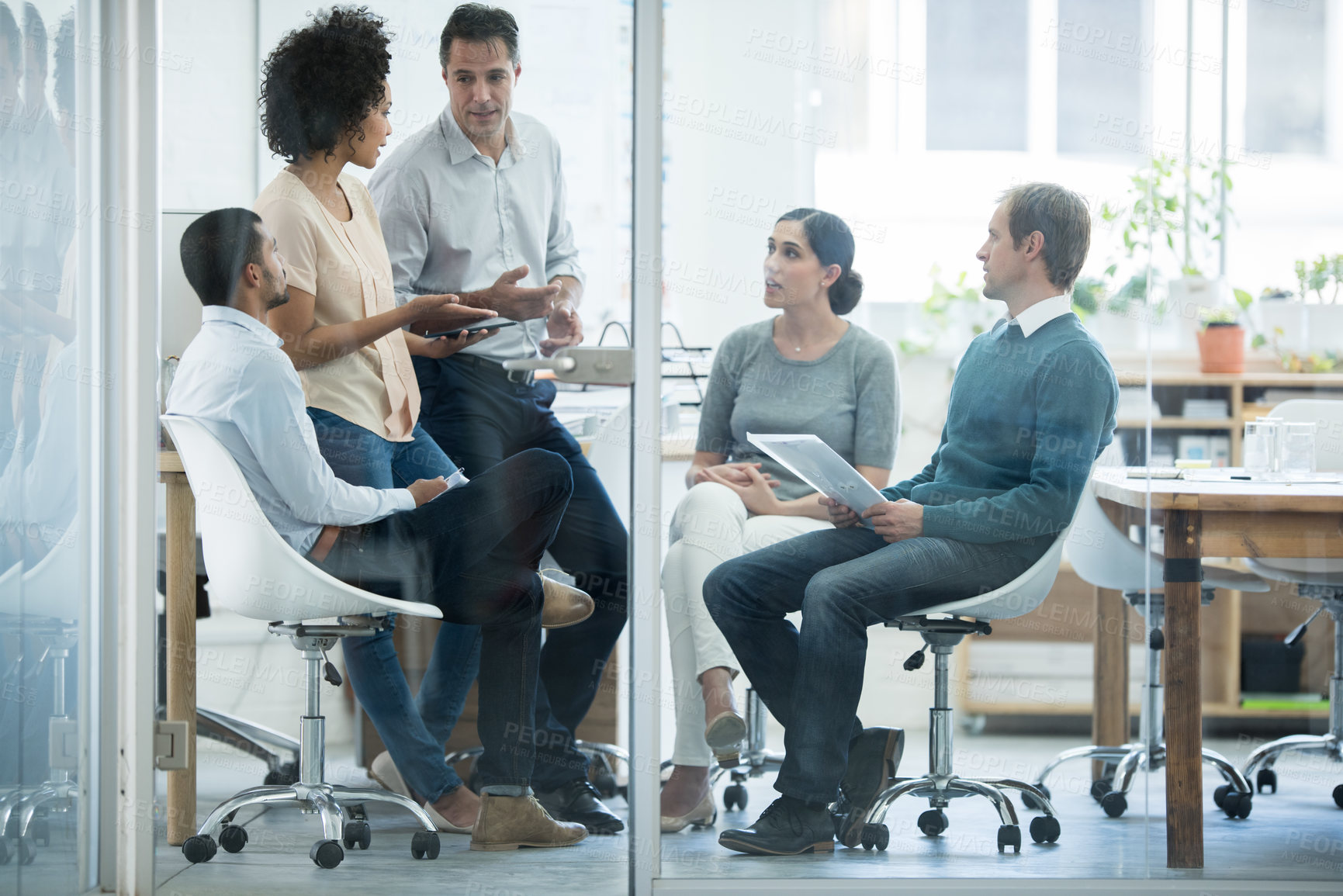 Buy stock photo Employees, talking and office for meeting or planning for  teamwork and profession in organisation. Diverse people or colleagues for discussion and career for employment and ideas for company indoor