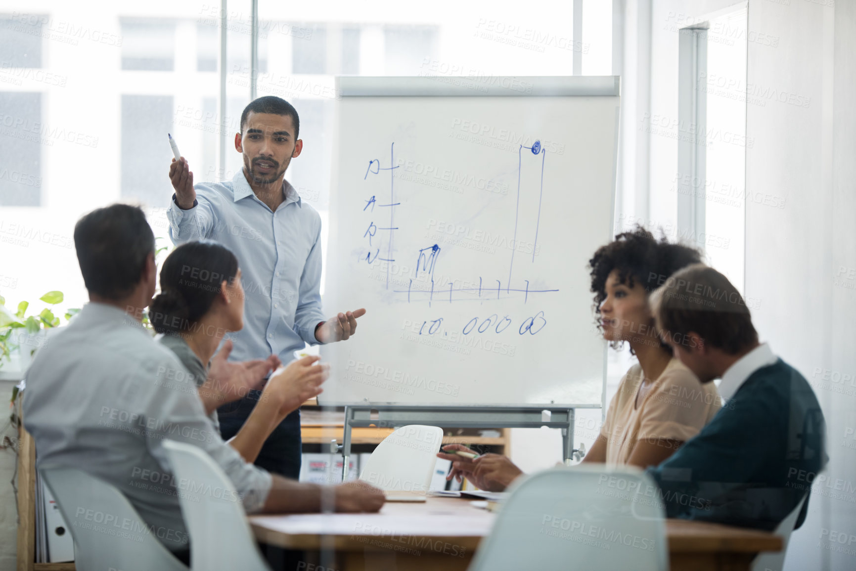 Buy stock photo Man, whiteboard or business for sales, presentation or review of feedback, growth or development. Businessman, trainer or chart in conference room, workshop or team meeting as progress data report