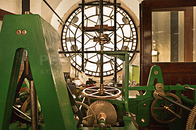 Buy stock photo Clockwork machinery inside a clock tower