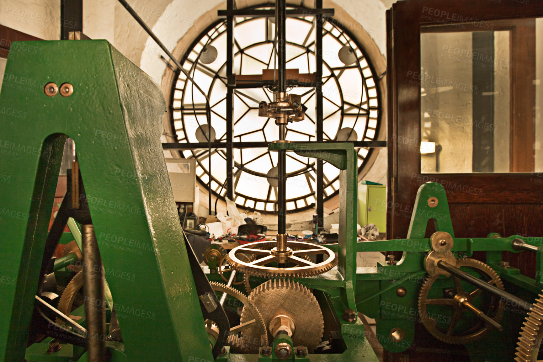 Buy stock photo Clockwork machinery inside a clock tower