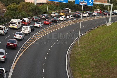 Buy stock photo High angle shot of traffic congestion on the highway