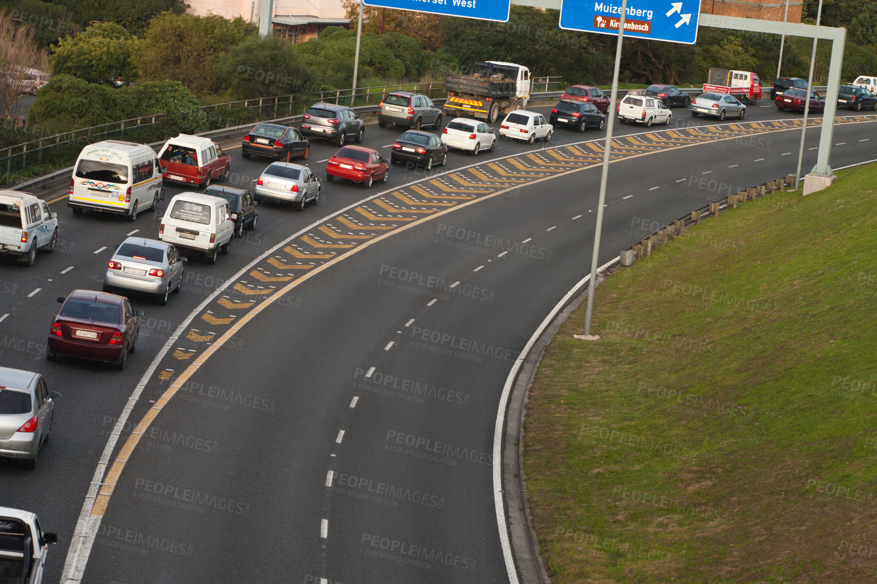 Buy stock photo High angle shot of traffic congestion on the highway