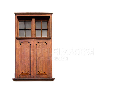 Buy stock photo Door, wood and isolated home design in a studio with white background and architecture. Vintage, retro and woodwork of doors and window with frame and glass of shutter with mockup and wooden detail