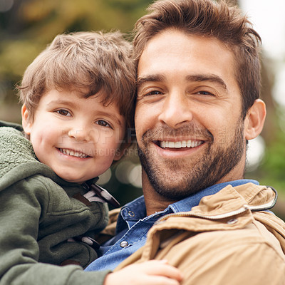 Buy stock photo Face, father and happy with kid outdoor for bonding to play for child development and growth as parent. Portrait, dad and son with smile with support for care, love and enjoy on school holiday.