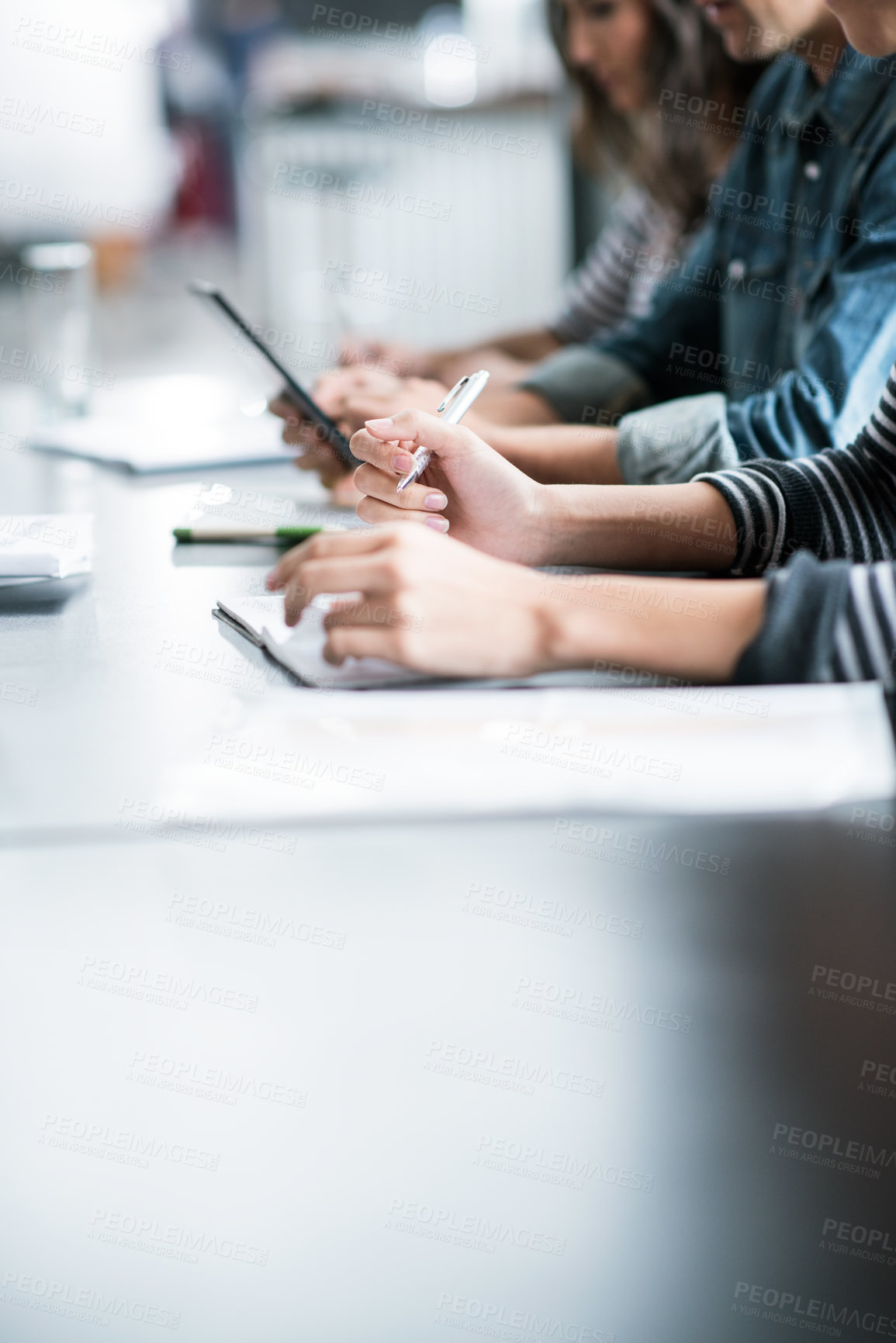 Buy stock photo People, hands and office with office, meeting and discussion for work conference. Employees, tablet and technology for coaching, collaboration and brainstorming for job or career with notes and desk