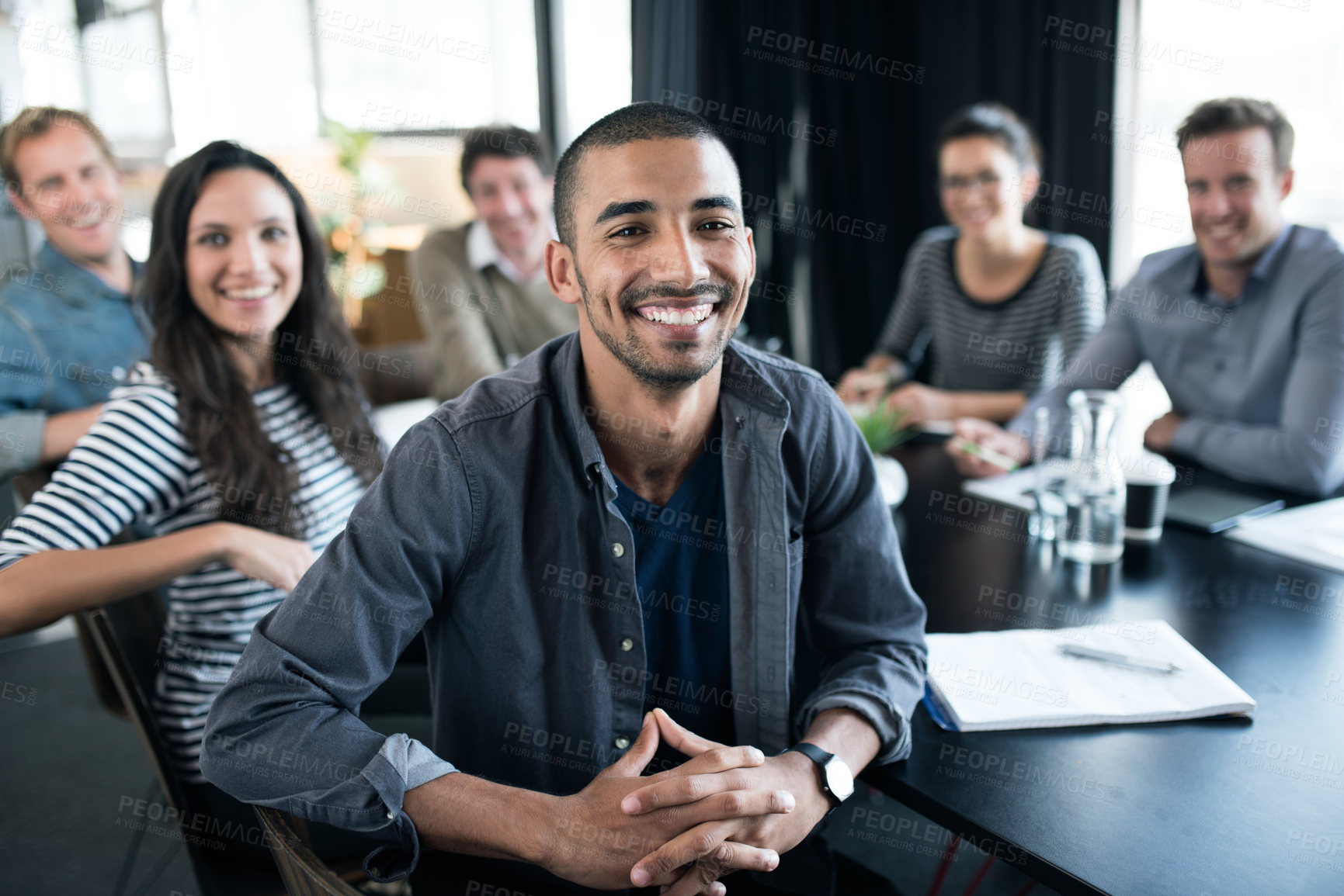 Buy stock photo Employees, interview and portrait with office, meeting and discussion for work conference. People, startup and seminar for coaching, collaboration and brainstorming for job or career with notes