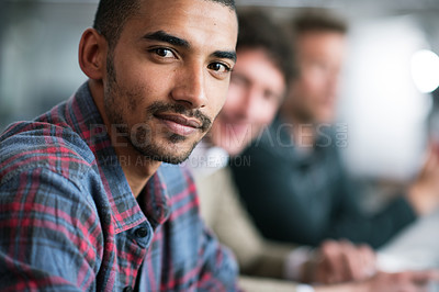 Buy stock photo Happy, portrait and man in meeting at office with teamwork, collaboration and confidence for cooperation. Creative, professional and Mexican person in Texas company with pride and positive attitude