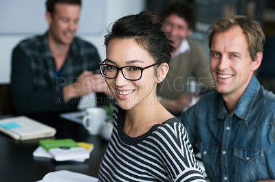 Buy stock photo Woman, portrait and startup with office, meeting and discussion for work conference. Employees, workshop and teamwork for coaching, collaboration and brainstorming for job or career with notes