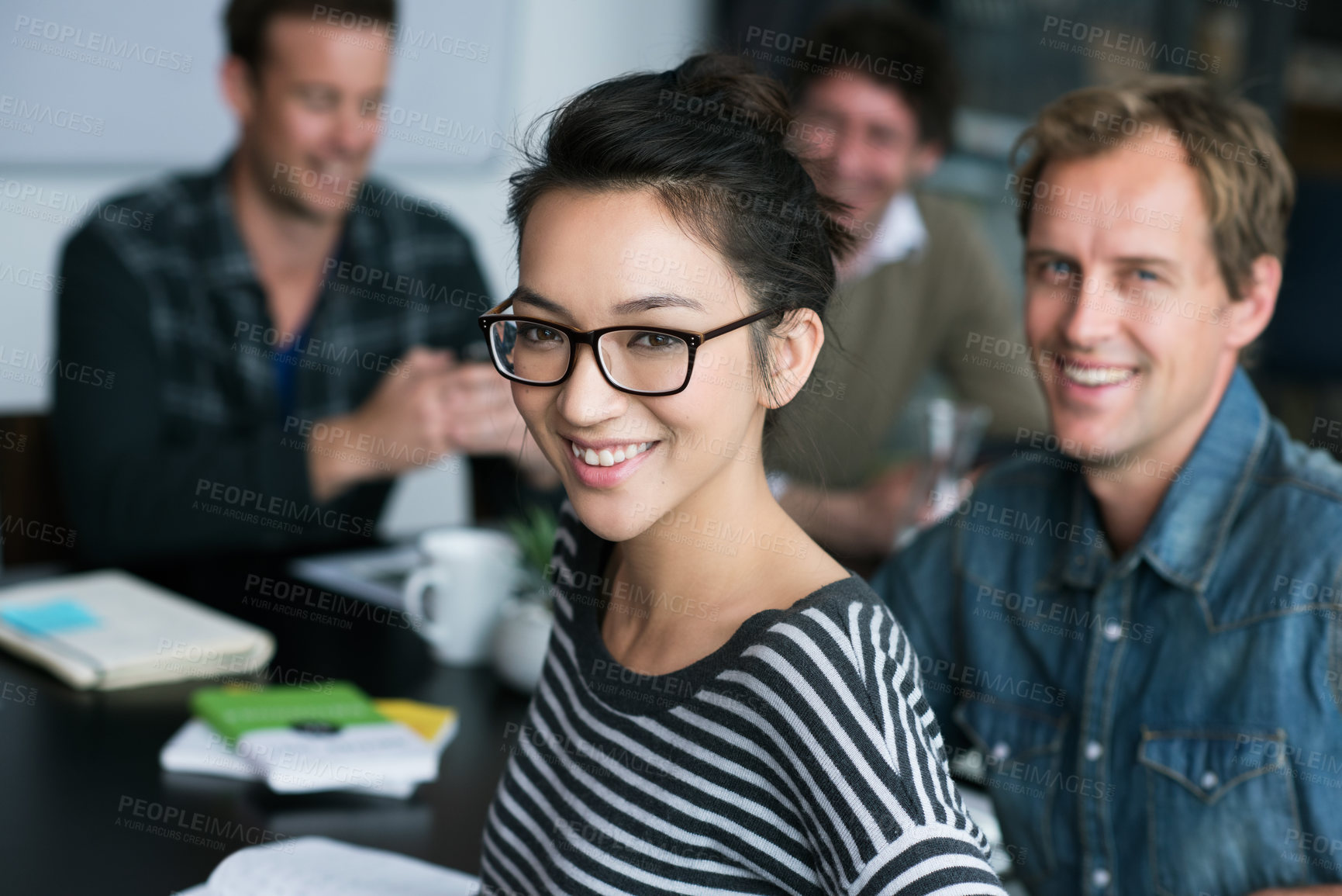 Buy stock photo Woman, portrait and startup with office, meeting and discussion for work conference. Employees, workshop and teamwork for coaching, collaboration and brainstorming for job or career with notes