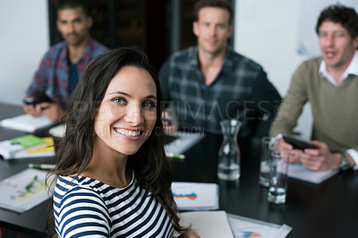 Buy stock photo Woman, portrait and startup with office, discussion and meeting for work conference. Employees, workshop and teamwork for coaching, collaboration and brainstorming for job or career with notes