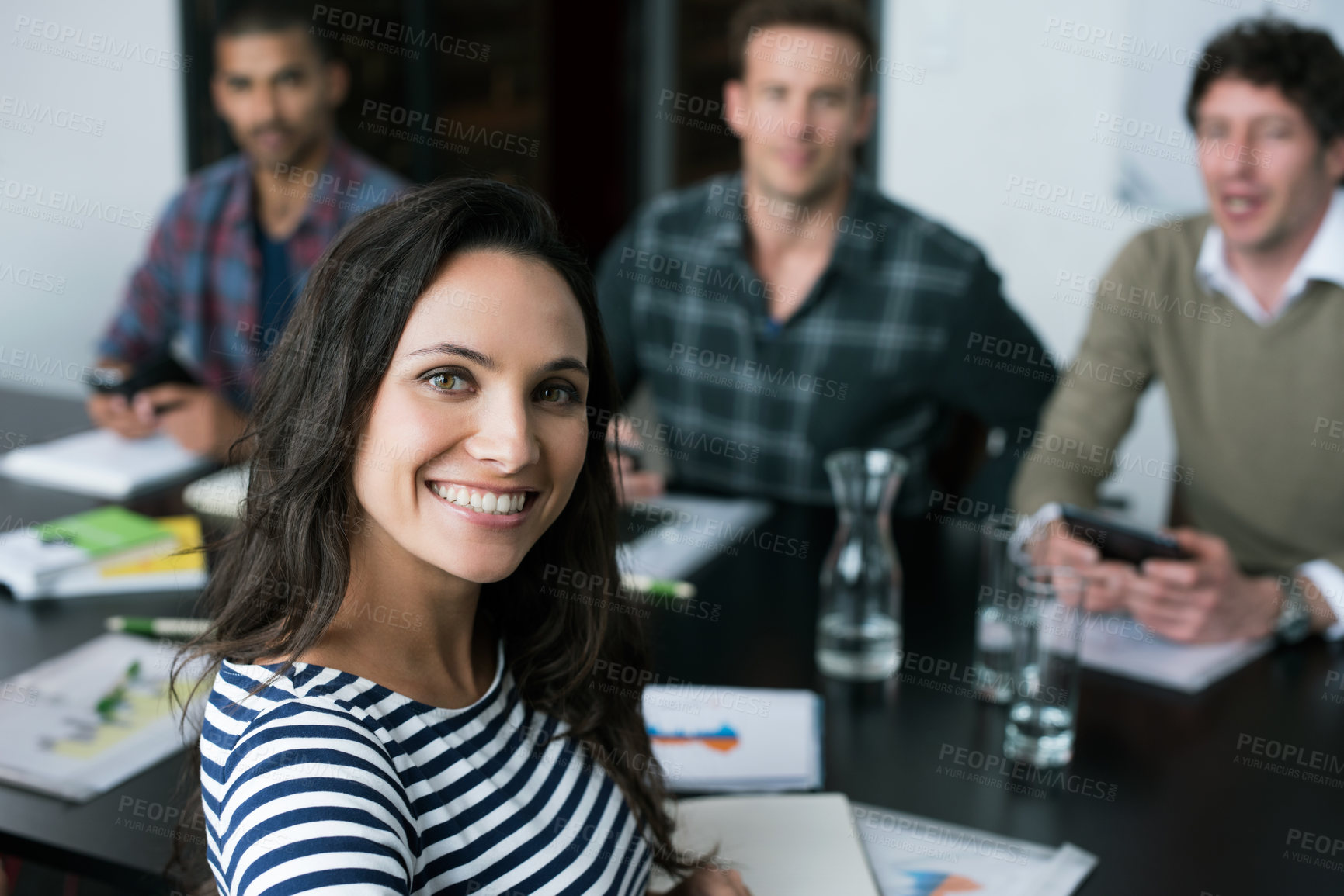 Buy stock photo Woman, portrait and startup with office, discussion and meeting for work conference. Employees, workshop and teamwork for coaching, collaboration and brainstorming for job or career with notes