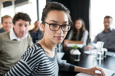 Buy stock photo Creative, woman and portrait in serious meeting at office with teamwork, collaboration and cooperation on project. Professional, conference and planning a development for London company with group