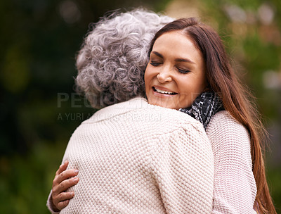 Buy stock photo Hug, mother and woman outdoor with love, embrace and affection for bonding with happiness. Family, elderly female person and daughter with mom in garden, backyard and terrace with smile in nature