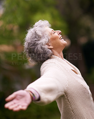 Buy stock photo Happiness, senior woman with open arms enjoying life outdoors or success, happy and retired lady celebration of financial freedom. Healthy, smiling pensioner stretching with joy in retirement