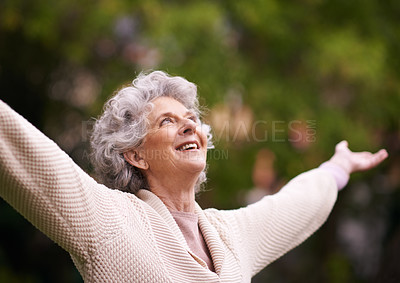 Buy stock photo Senior woman, happiness and open arms to enjoy outdoors, nature or garden in financial freedom, success or life achievement. Retired lady, healthy or smiling pensioner stretching in retirement joy