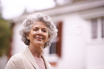 Buy stock photo Portrait, senior and happy woman by house outdoor at backyard on retirement alone in Canada. Face, elderly and female person or pensioner at home with confidence in casual clothes for profile picture