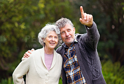 Buy stock photo Retired people, pointing or love to relax in garden by thinking, walking or planning happy holiday. Couple, vision or rest in nature park as conversation, happiness or memory of retirement dreams