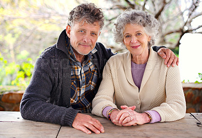 Buy stock photo Happy, portrait and senior couple with support outdoor on holiday or relax on vacation in retirement. Elderly, man and woman in embrace in backyard or garden of home with care and love in marriage
