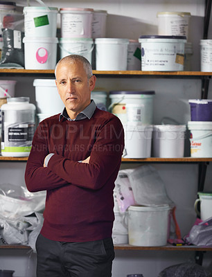 Buy stock photo Portrait, man and store owner with arms crossed in business or retail for plastic in startup. Mature, confidence and professional in shop, entrepreneur or manager with serious person in Switzerland