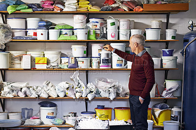 Buy stock photo Elderly man, contractor and equipment in workshop for home improvement, maintenance and wall paint. Senior person, creative small business and stock management for repairs, renovation or remodeling