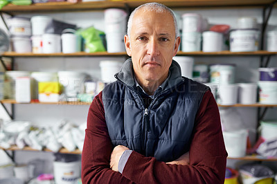 Buy stock photo Portrait, man and confidence of store owner in business or retail for plastic in startup. Face, arms crossed or mature professional in shop, entrepreneur or manager with serious person in Switzerland