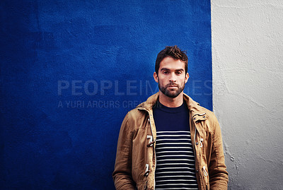 Buy stock photo Fashion, wall and portrait of male person, city and clothing for cold season. Confidence, thinking and style with trendy clothes for travel in New York, autumn and outdoors for trip or vacation 