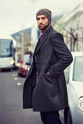 Buy stock photo Fashion, portrait or man in street with coat for edgy clothes, outdoor travel or elegant style for winter outfit. City, cool model or stylish person in urban town in beanie or trendy jacket in Italy